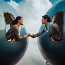 two women shake hands as they stand in front of the doorway of an airplane