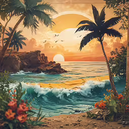 a painting of an ocean and shore at sunset,a painting of a beach scene with the sun behind the trees