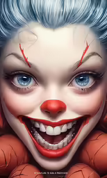 an older woman has blue hair and white teeth