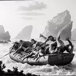 there are people riding a raft down the ocean