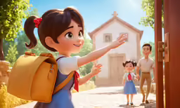 an animated scene of the school girl giving out her hand