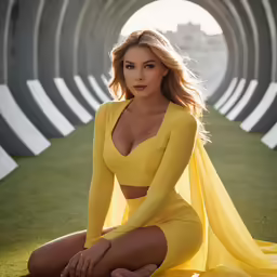 a beautiful woman wearing yellow outfit sitting on a grass area