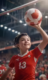 a girl holding a soccer ball in her hand
