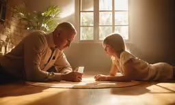 an older couple siting at a table and look at a phone