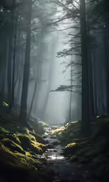 a forest with moss covered trees and small stream