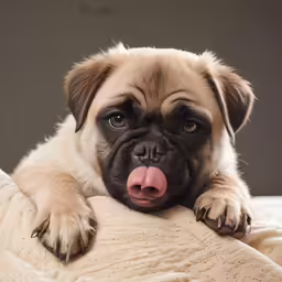 the small dog is sticking out its tongue