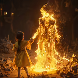 a small girl holding a fire lantern in front of a giant fire man