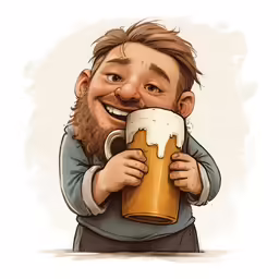 a man with long hair is hugging a beer mug