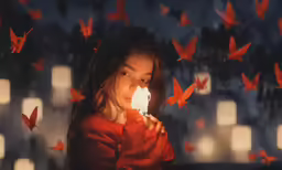 a woman holding a lit candle surrounded by paper birds