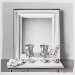 a small mirror with two silver cups, a vase and a pot