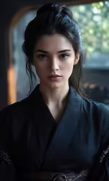 an elegant, young woman wearing a black and brown kimono
