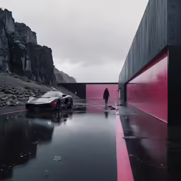 a man standing on the side of a road next to a sports car