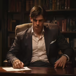 a man sitting at a desk in front of a book shelf