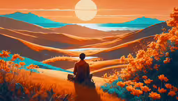 a painting of a person sitting in the middle of a field,a man sitting on the side of a mountain in the sunset
