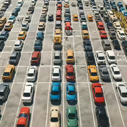 a parking lot full of cars and trucks