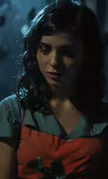 a woman with her eyes closed standing in a darkened room