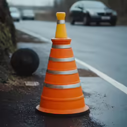 a cone sitting on the side of a street near a tree
