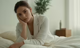 a woman laying on a bed with a hand near her face