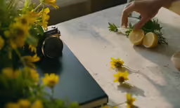 the person is arranging the flowers and lemons on the table