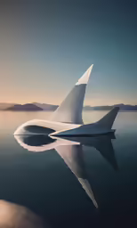 the underside of a plane with a reflection on water