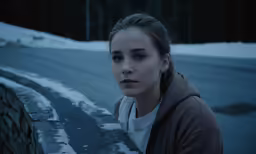 the girl looking into the distance with winter clothing on