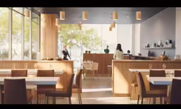 the interior of a large restaurant with tables and chairs