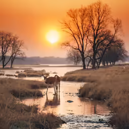a deer stands next to a stream at sunset