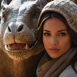 a woman poses with an animal, one of which is wearing a hat