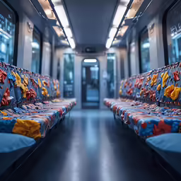 a long train car with a bunch of blankets on the couches