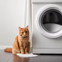 an orange cat sitting beside a white washing machine
