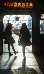 two women are standing at a street entrance