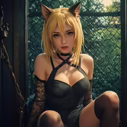 a sexy blonde girl with cat ears on top of her head