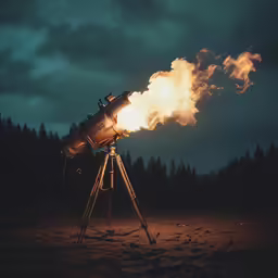 a photo of a telescope on a tripod, with fire coming from it