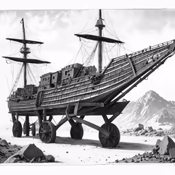 a drawing of a large boat that has lots of wheels on it