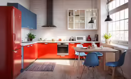 a small kitchen with an all wooden dining table