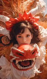 a girl dressed as a dragon eating a hot dog