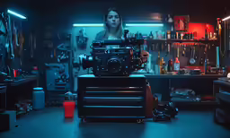 woman standing over an old movie projector in a dimly lit room