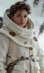 a woman is dressed in white with a coat