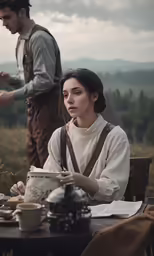 the woman is seated at a small table drinking coffee