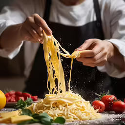 a chef in an apron makes pasta with parmesan cheese and tomatoes