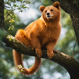 a small orange bear sitting on top of a tree branch