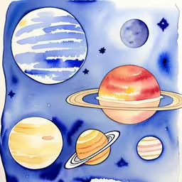 an image of a watercolor painting of a solar system,a painting of a saturn, urn, and the four planets