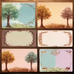 there are six different trees with white tags in them,an illustration with four different tree frames arranged in rows