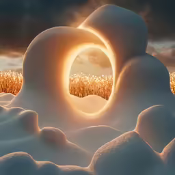 an ice cave in the middle of a wheatfield at sunset