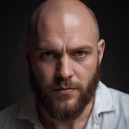 man with bald head and shaved sides wearing white shirt