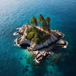 an island with several trees growing on it sits in the middle of clear blue water