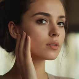 a woman with brown hair, with her hand under her ear