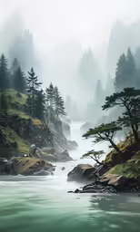 foggy morning over a mountain stream in the rain