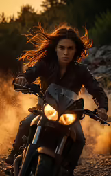 a woman riding on the back of a motorcycle in the dirt