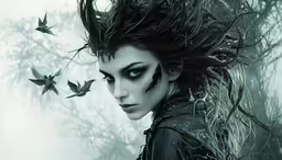 a woman standing in front of a tree with birds on it